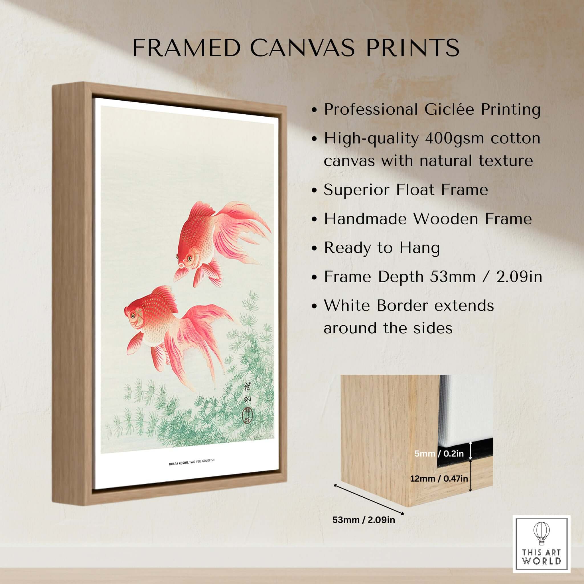 Exhibition Art Print Ohara Koson Two Veil Goldfish Japanese Fish Poster displayed in a framed canvas print.