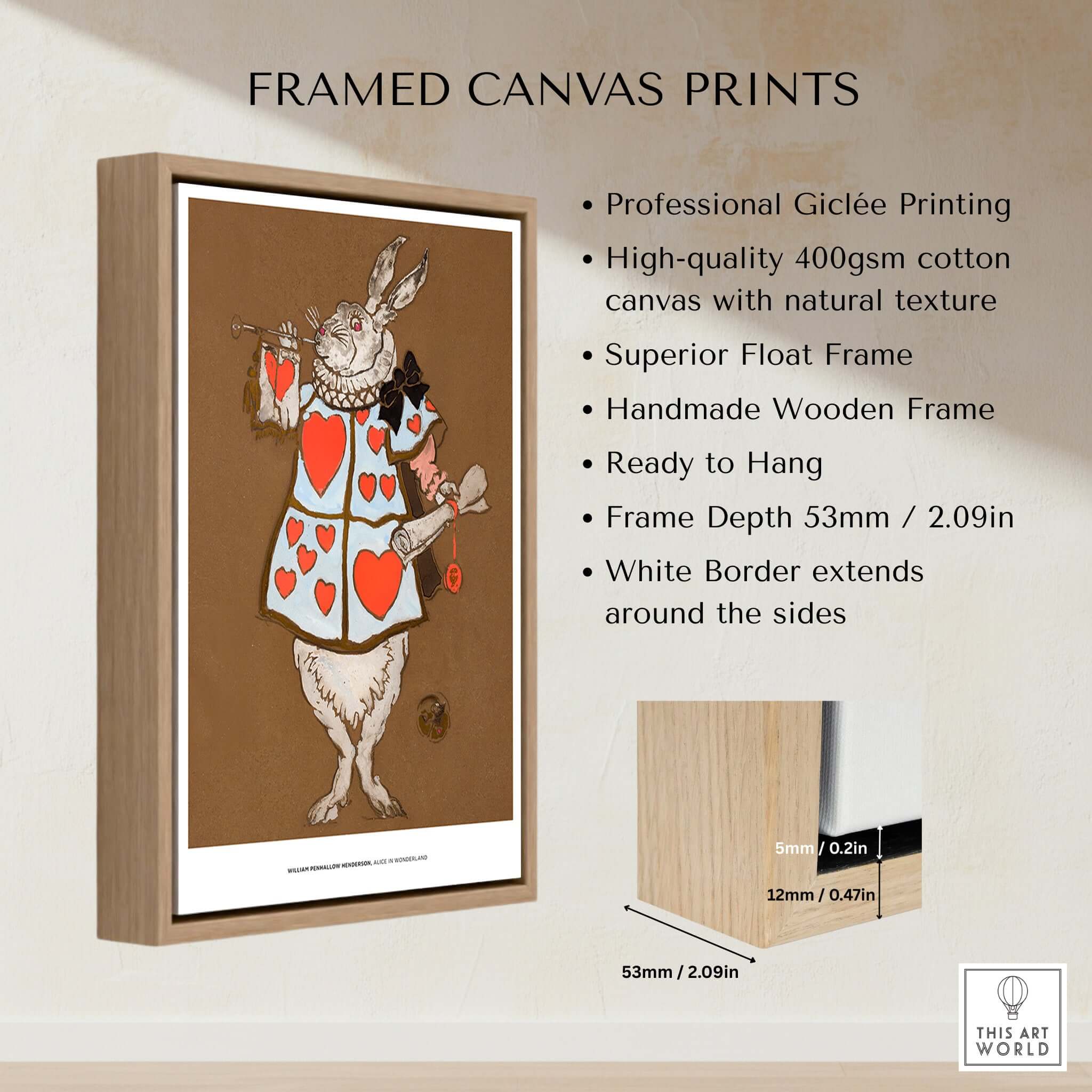 Exhibition Art Print William Henderson White Rabbit Alice in Wonderland Vintage Poster in a framed canvas print display.