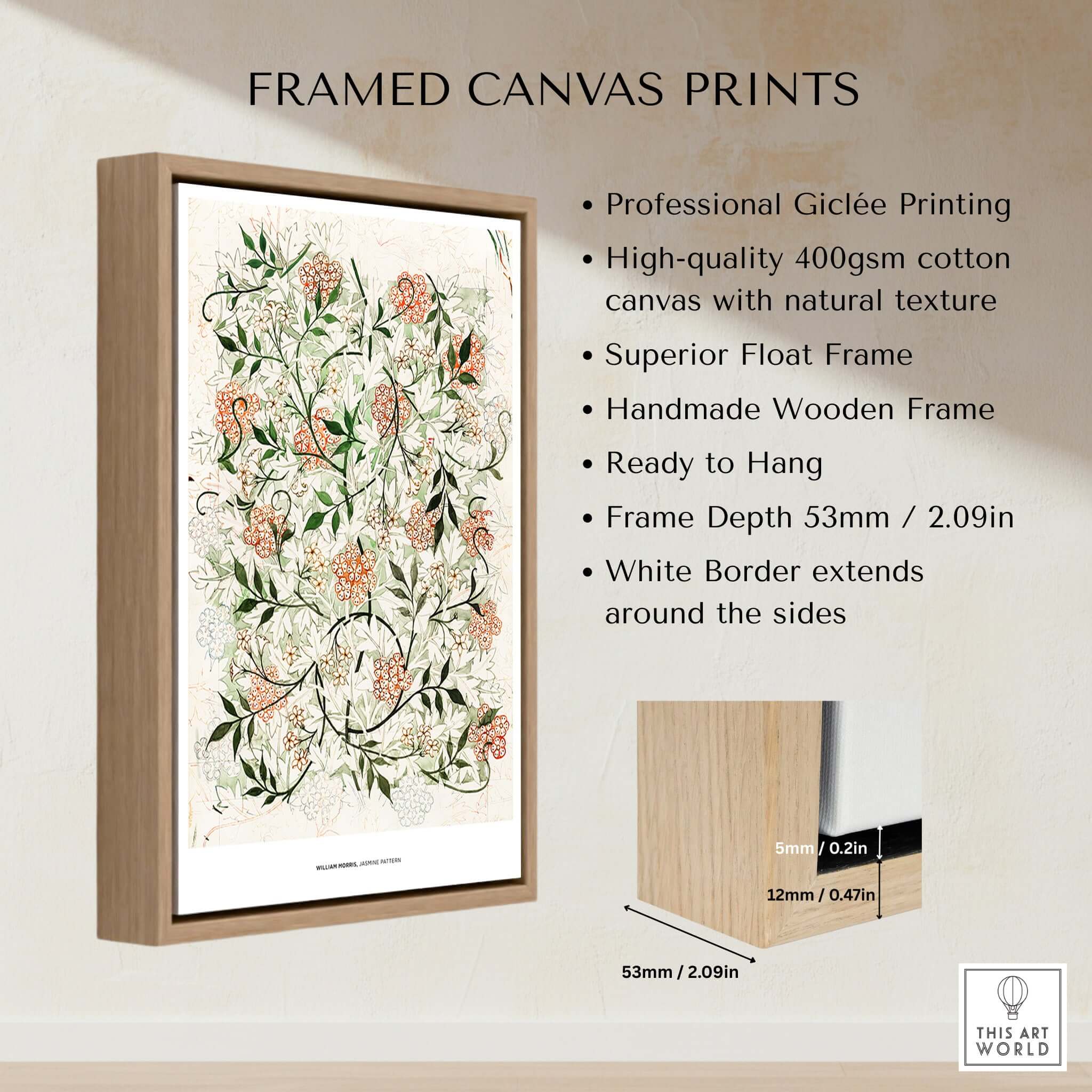 Exhibition Art Print William Morris Jasmine Pattern Floral Botanical Wall Art in a framed canvas display.