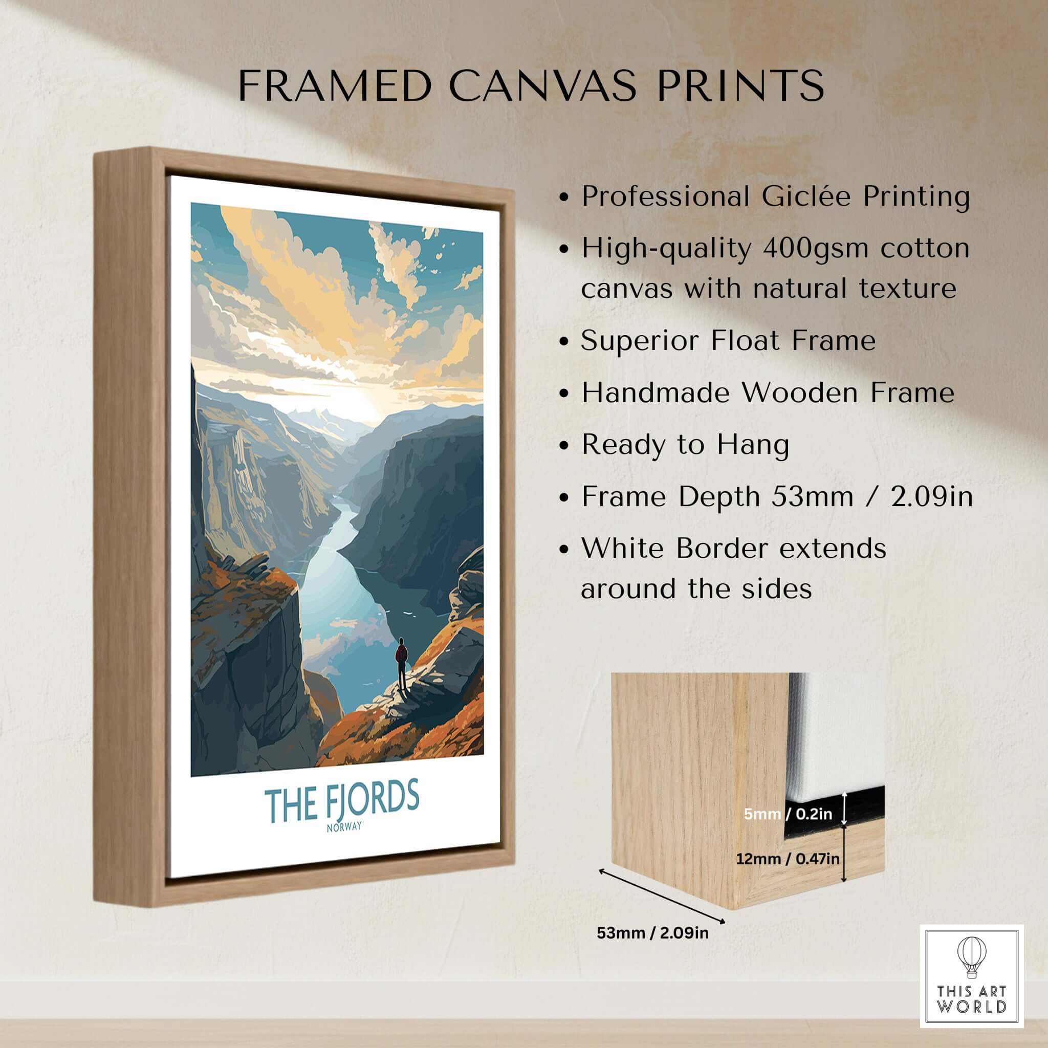 Fjords Wall Art | Modern Style framed canvas print featuring stunning Norwegian landscape.