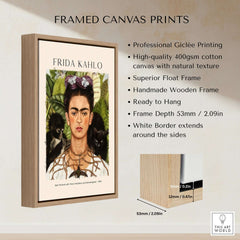 Frida Kahlo Self Portrait with Thorn Necklace and Hummingbird Print framed canvas print with wooden frame.