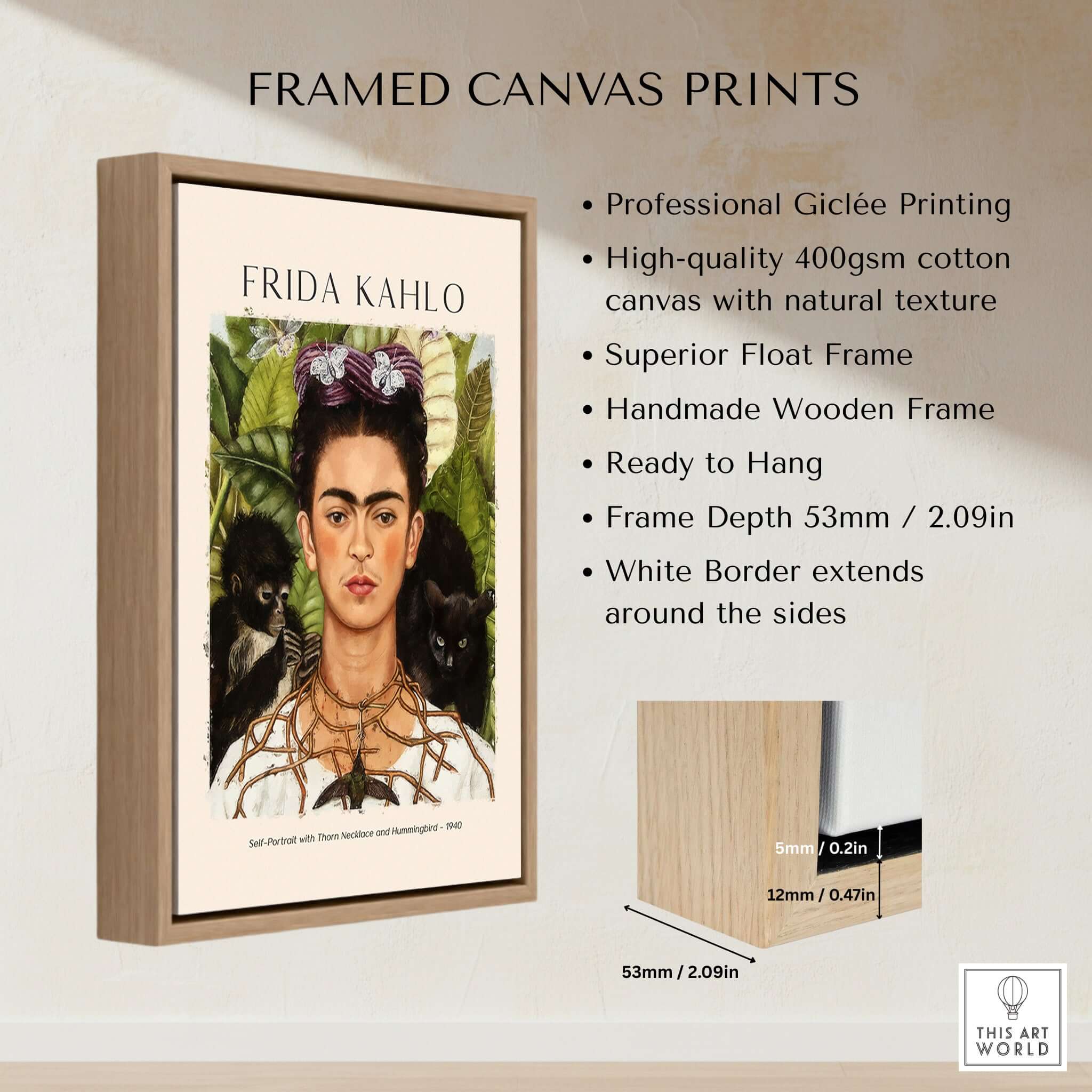 Frida Kahlo Self Portrait with Thorn Necklace and Hummingbird Print framed canvas print with wooden frame.