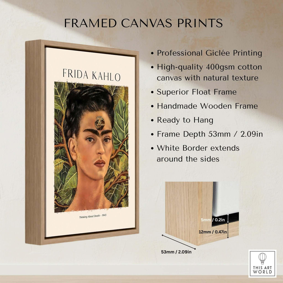 Frida Kahlo Thinking About Death Self Portrait Wall Art Print Poster framed print with high-quality giclée printing.
