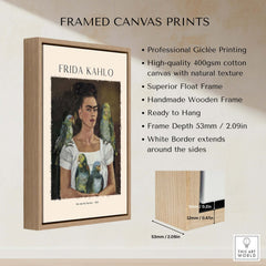 Frida Kahlo Me and My Parrots Self Portrait Art Print Poster Wall Art displayed in a framed canvas print.