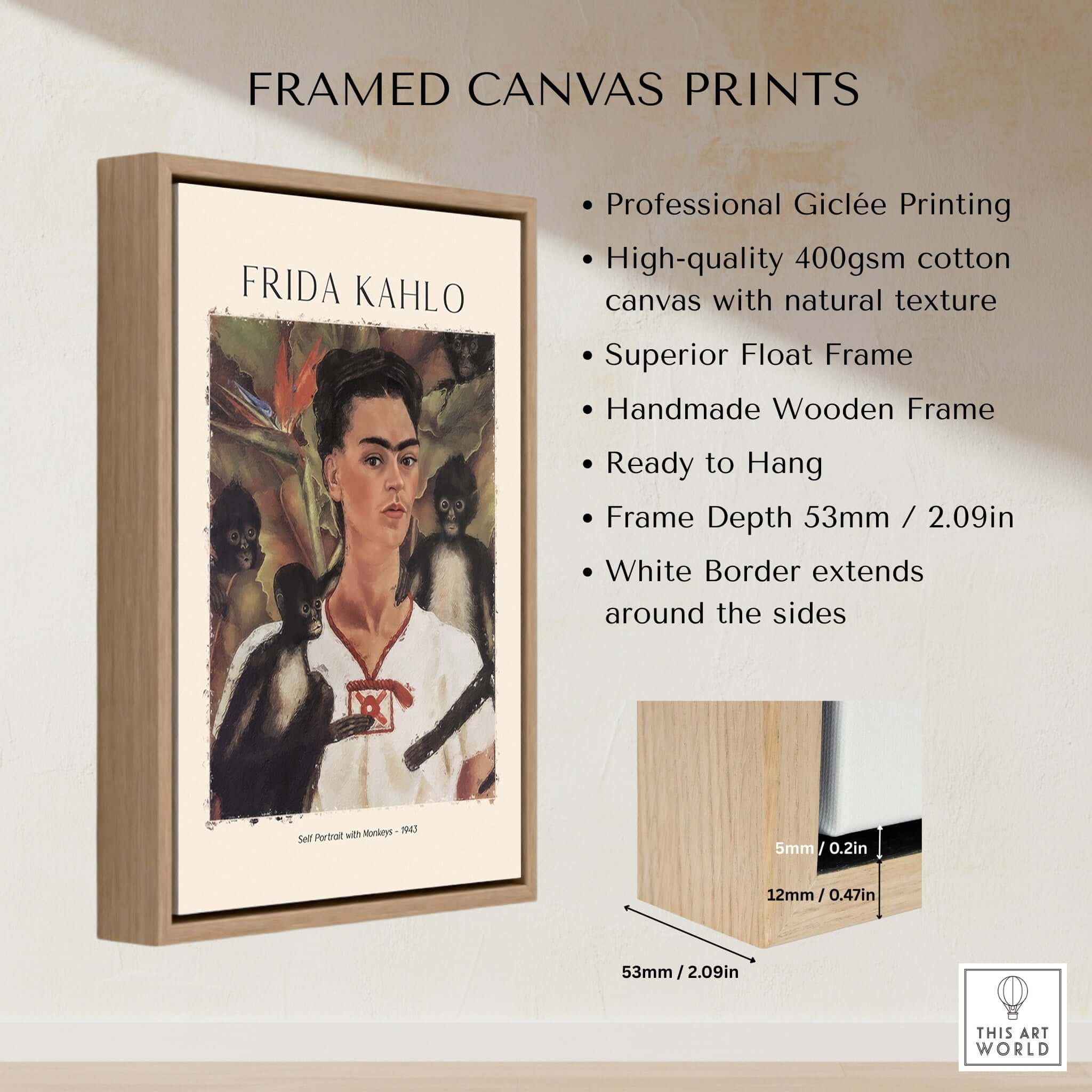 Frida Kahlo Self Portrait with Monkeys Famous Painting Poster Art Print framed in a stylish wooden frame.