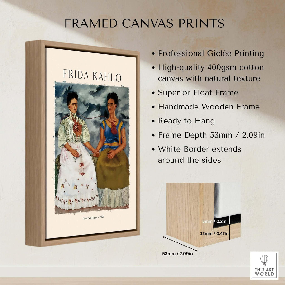 Frida Kahlo The Two Fridas Famous Art Print Poster Wall Art framed with a wooden frame and white border, featuring professional printing.