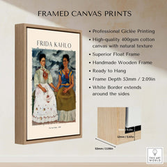 Frida Kahlo The Two Fridas Famous Art Print Poster Wall Art framed with a wooden frame and white border, featuring professional printing.
