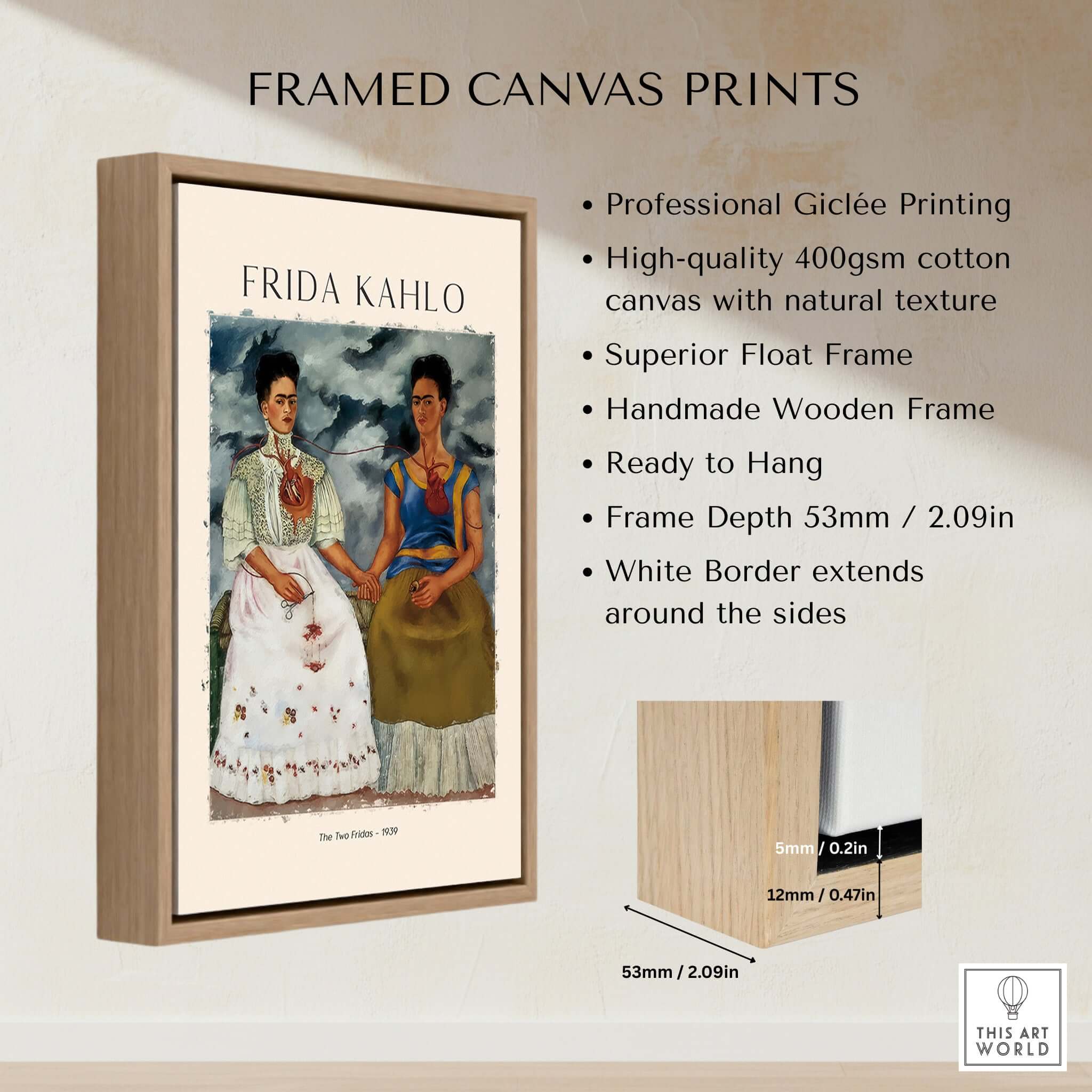 Frida Kahlo The Two Fridas Famous Art Print Poster Wall Art framed with a wooden frame and white border, featuring professional printing.