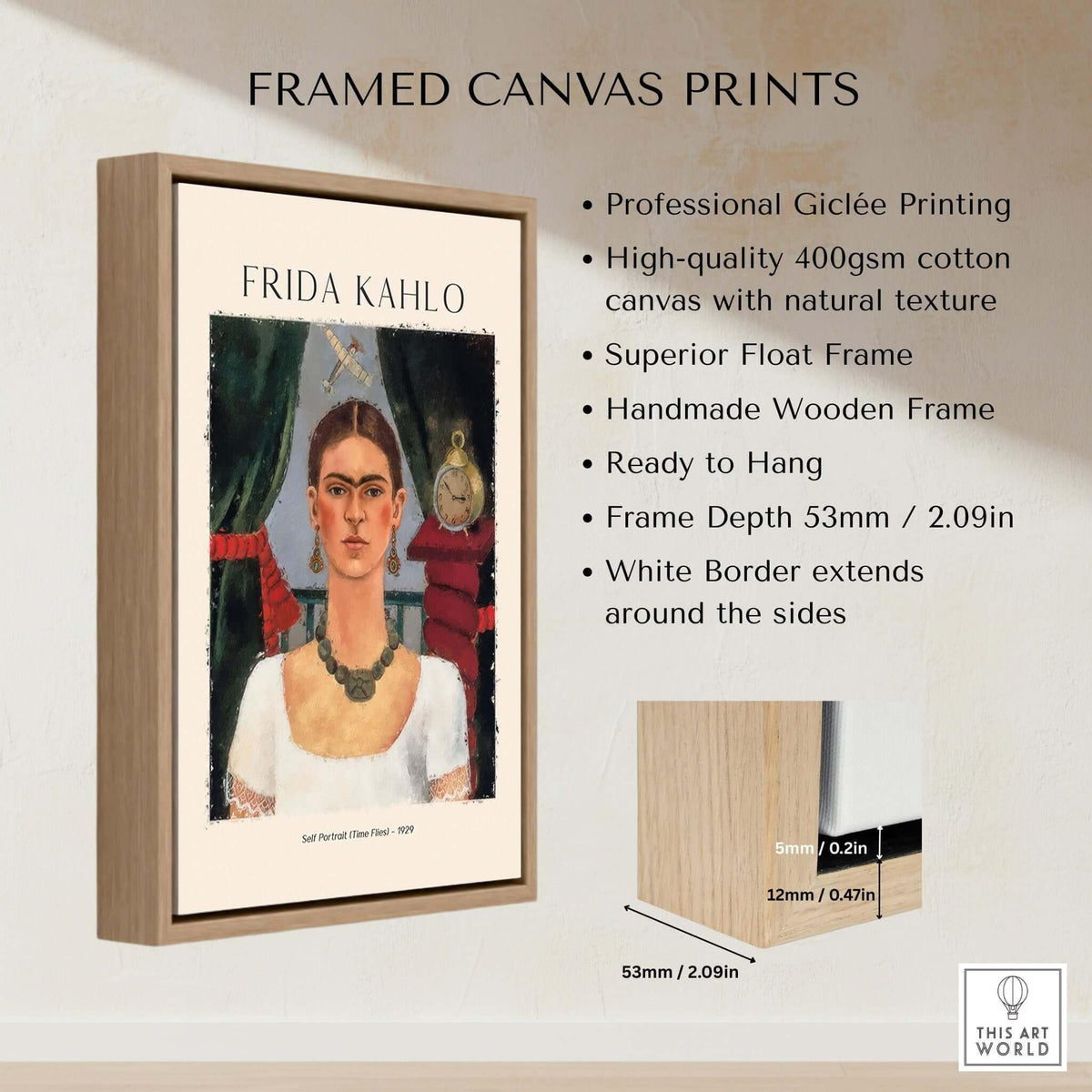 Frida Kahlo Self Portrait Time Flies 1929 Vintage Art Print Poster framed canvas print showcasing high-quality giclée printing.