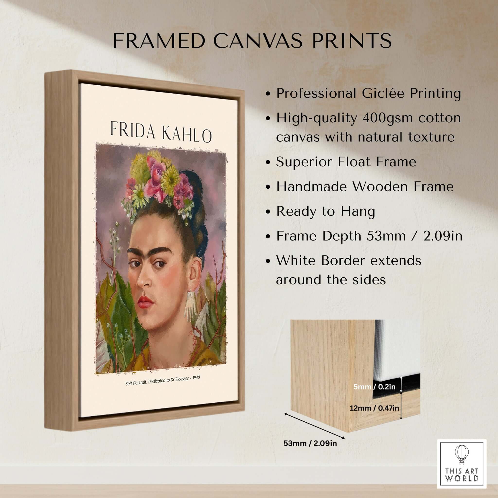 Frida Kahlo Self Portrait Dedicated Dr Eloesser Floral Poster Art Print framed in a handmade wooden frame with natural texture.