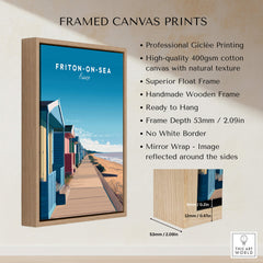 Frinton-on-Sea Travel Poster – Essex Coastline Beach Huts & Prom Art framed canvas print with wooden frame and beach scene.