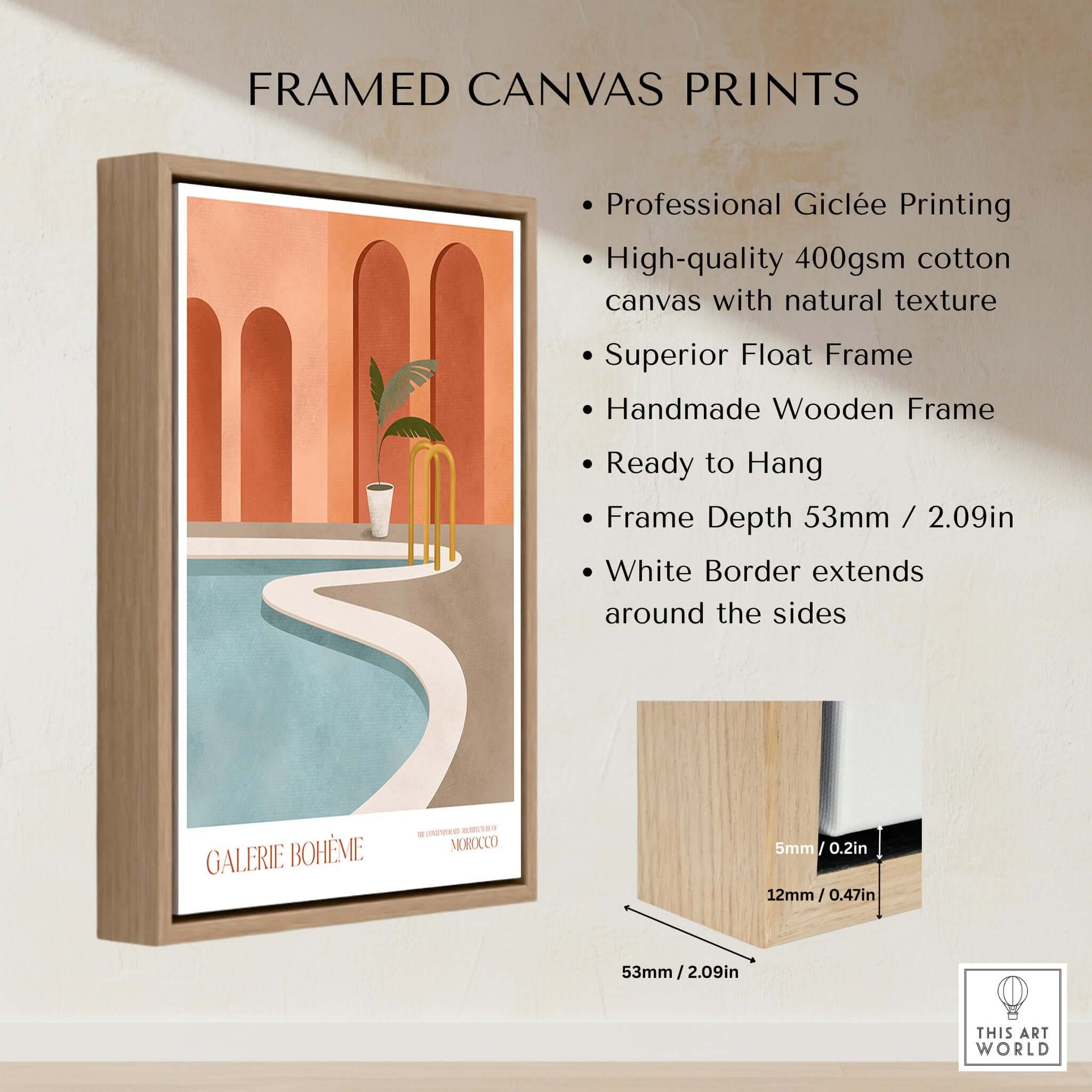 Galerie Bohème Poolside Morocco Architecture Poster Minimalist Wall Art Print framed canvas with wooden frame