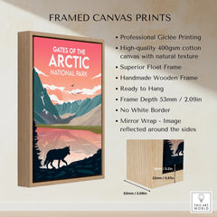 Framed canvas print of Gates of the Arctic National Park with wolf silhouette and mountain landscape.