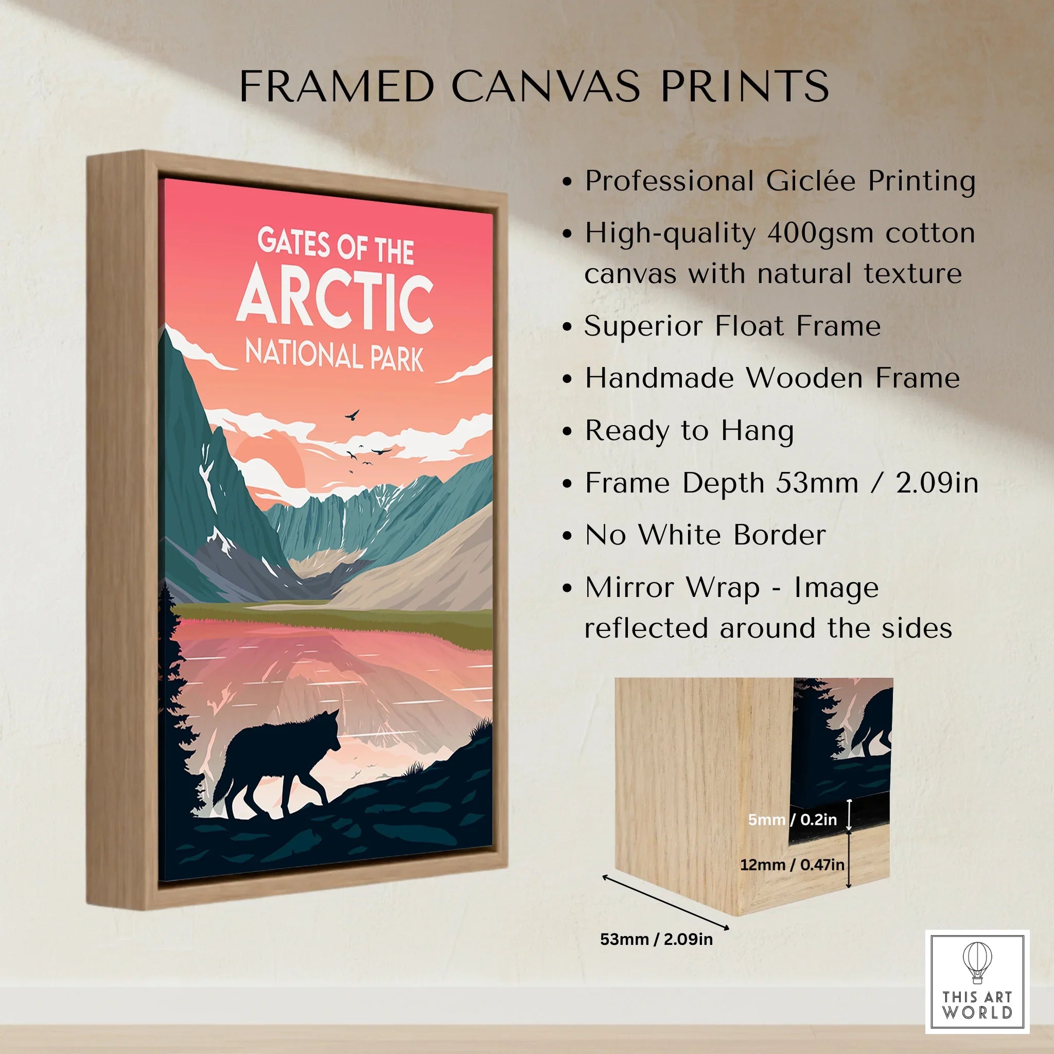 Framed canvas print of Gates of the Arctic National Park with wolf silhouette and mountain landscape.