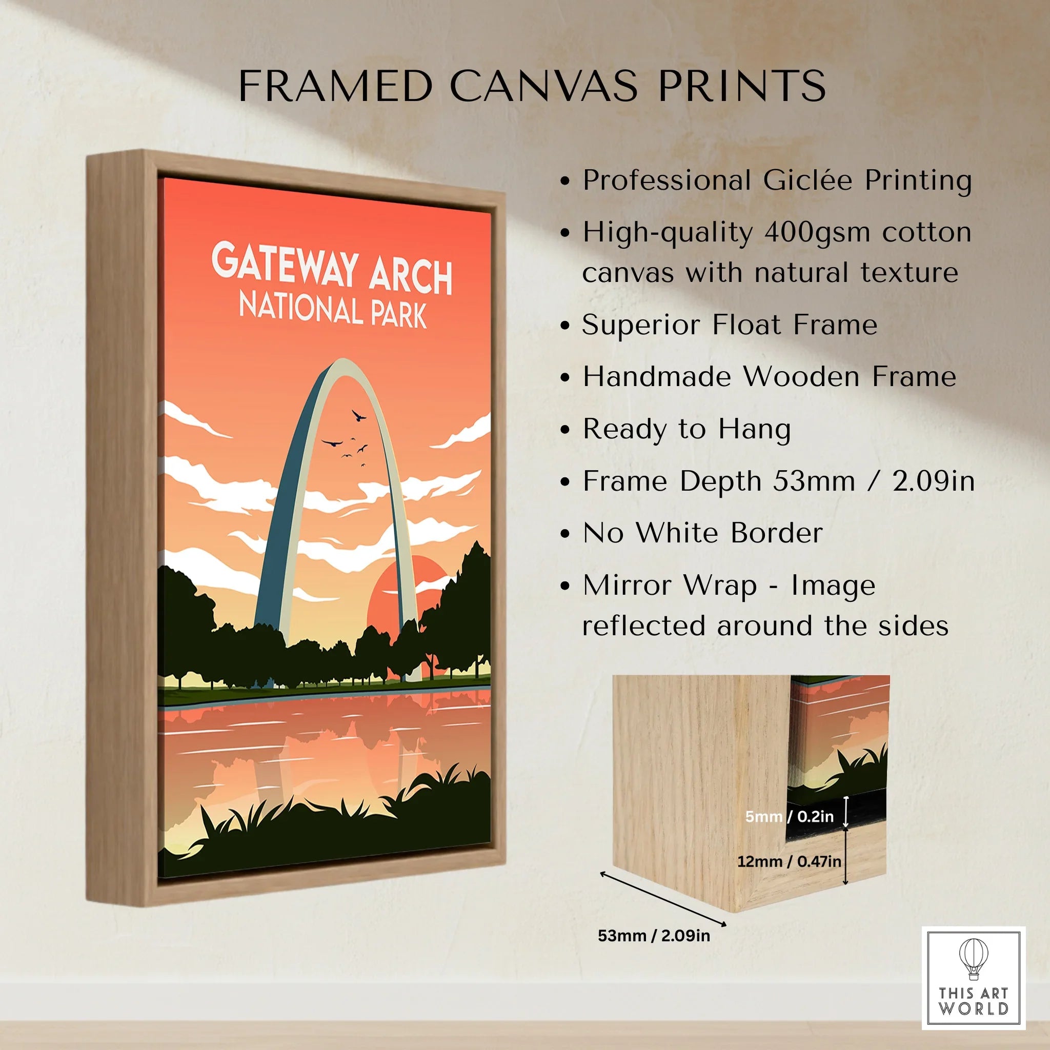 Framed canvas print of Gateway Arch National Park with sunset, float frame details shown.