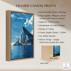 The Rock of Gibraltar Canvas Art Print framed with wooden frame and detailed textures in vivid colors.