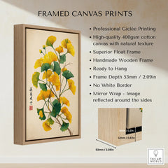 Framed canvas print with yellow and green botanical art, float wooden frame, wall display