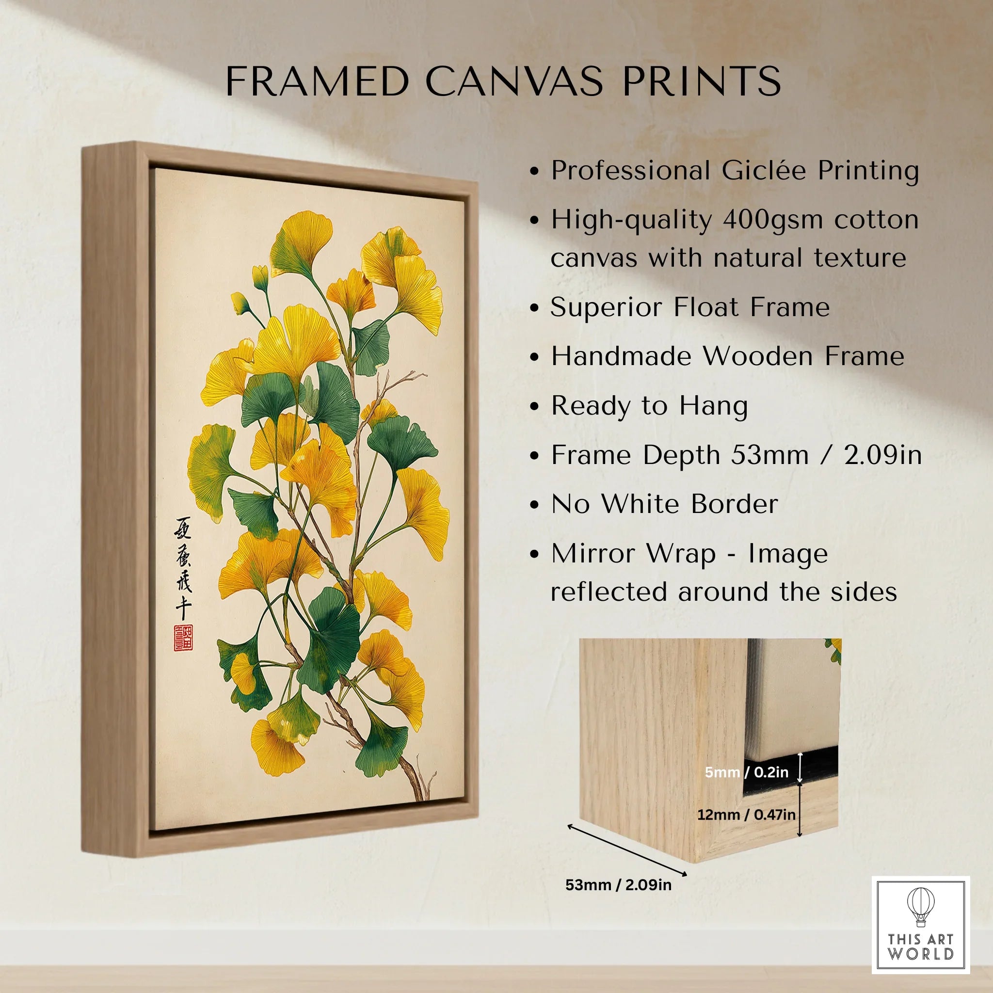 Framed canvas print with yellow and green botanical art, float wooden frame, wall display