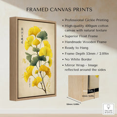 Framed canvas print with yellow ginkgo leaf art, handmade wooden float frame, wall decor