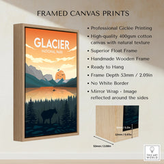 Framed Glacier National Park canvas print with float frame, moose silhouette, sunset landscape