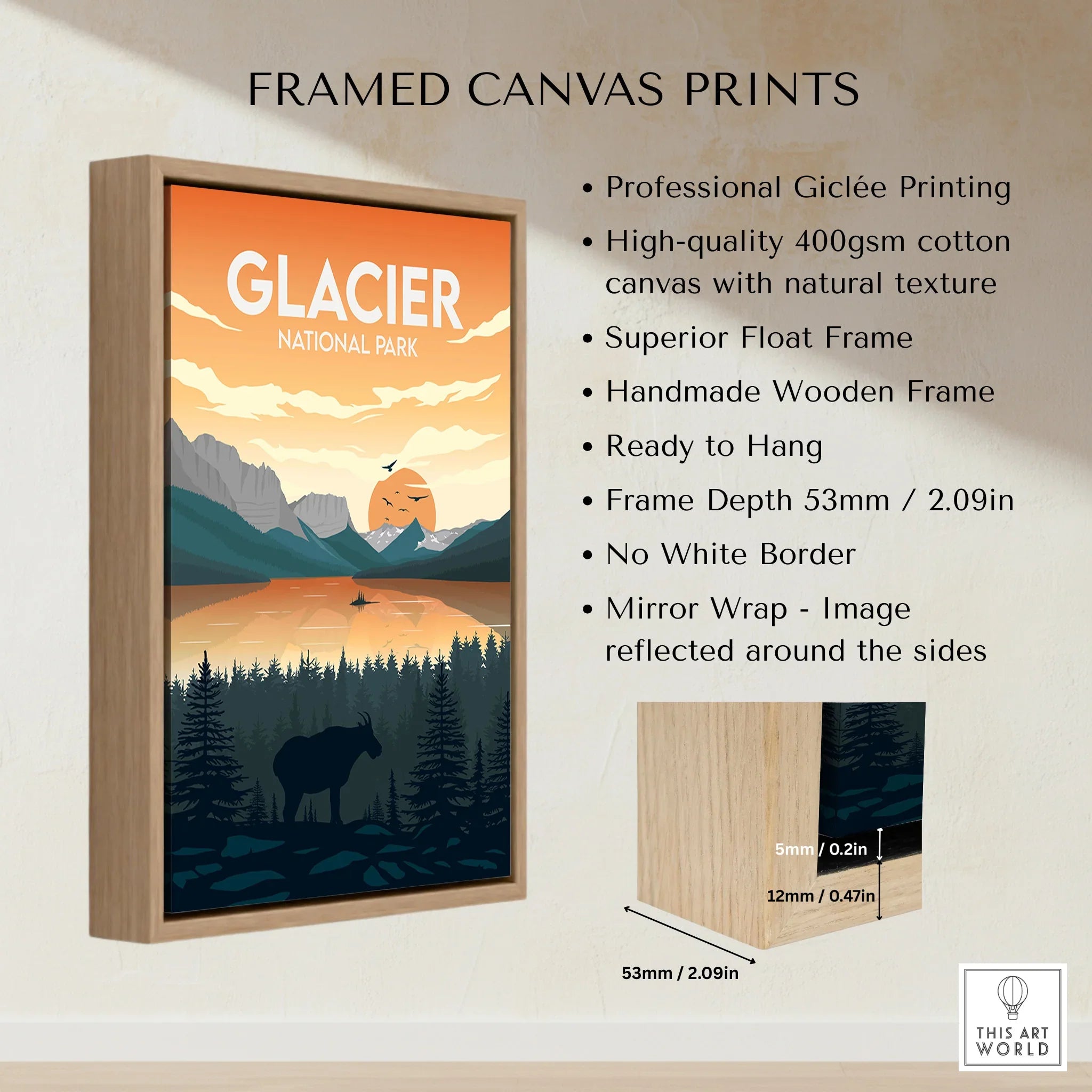 Framed Glacier National Park canvas print with float frame, moose silhouette, sunset landscape