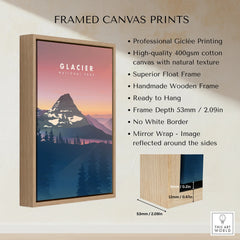 Glacier National Park travel poster in wooden float frame, showing canvas print details.