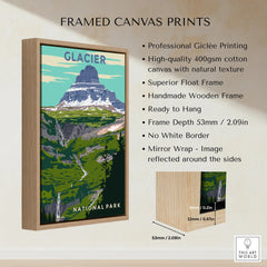 Framed canvas print of Glacier National Park mountain landscape with float frame details.
