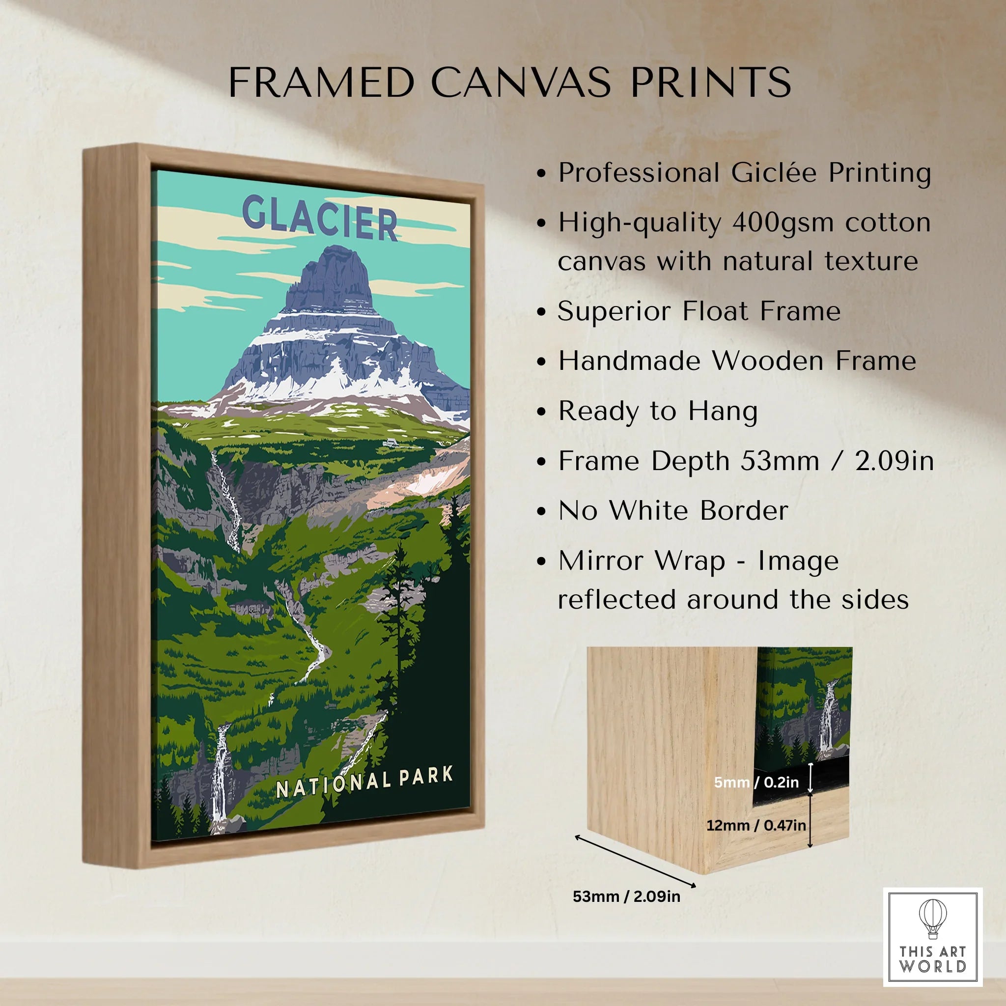 Framed canvas print of Glacier National Park mountain landscape with float frame details.