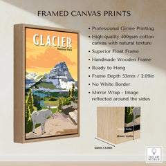 Framed Glacier National Park canvas print with float wooden frame and mountain landscape art.
