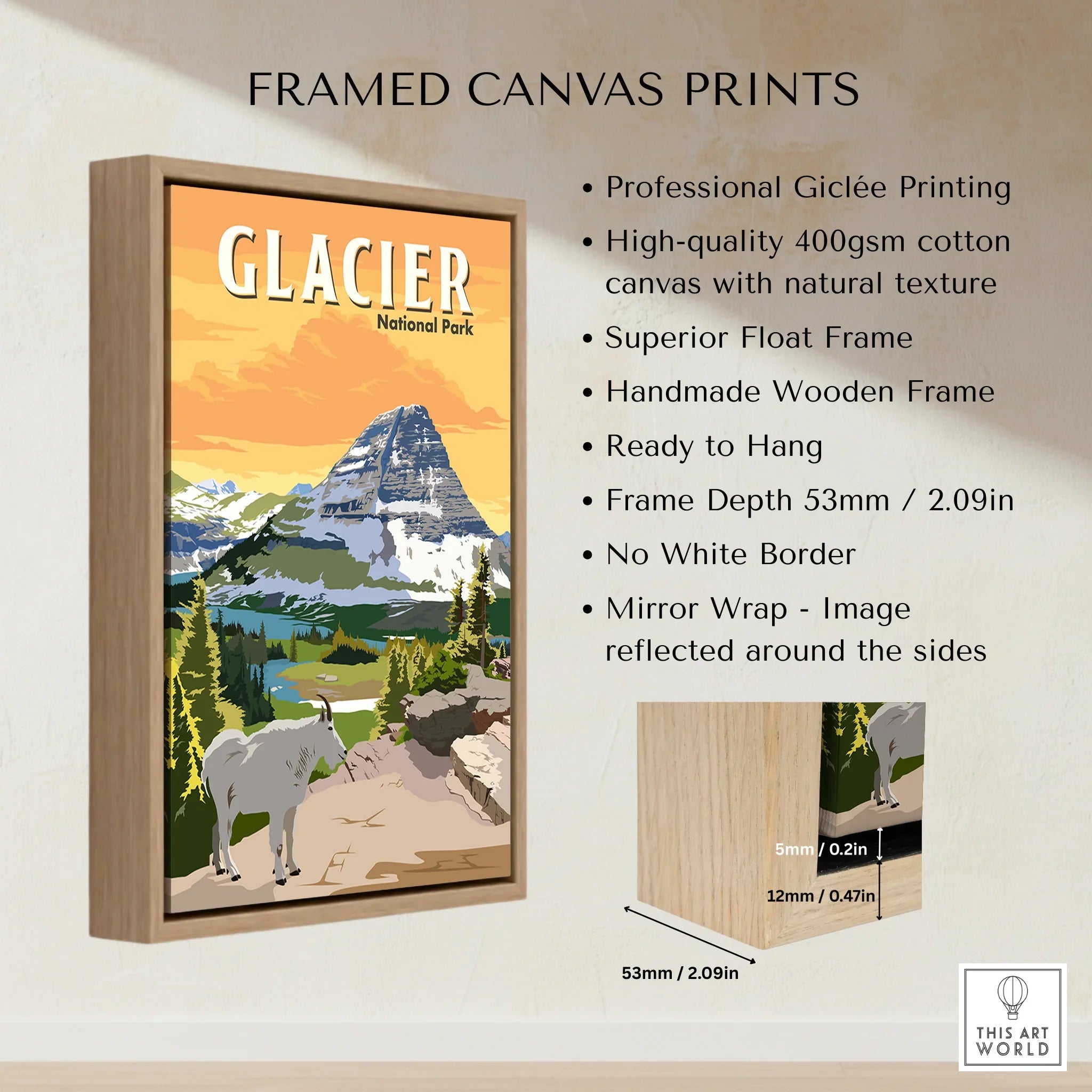 Framed Glacier National Park canvas print with float wooden frame and mountain landscape art.