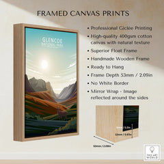 Framed canvas print of Glencoe National Park landscape in float wooden frame, wall art details