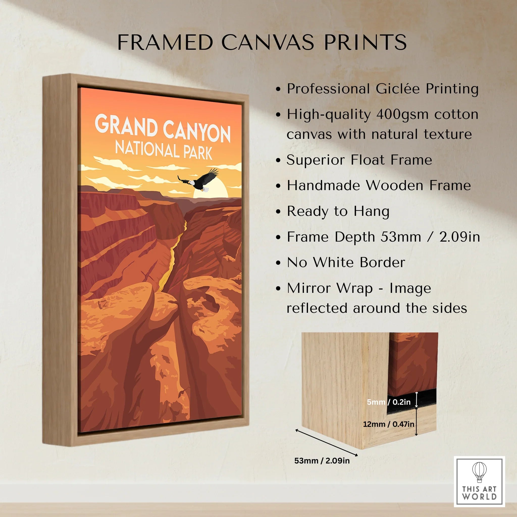 Grand Canyon National Park framed canvas print with float frame and wooden edge details