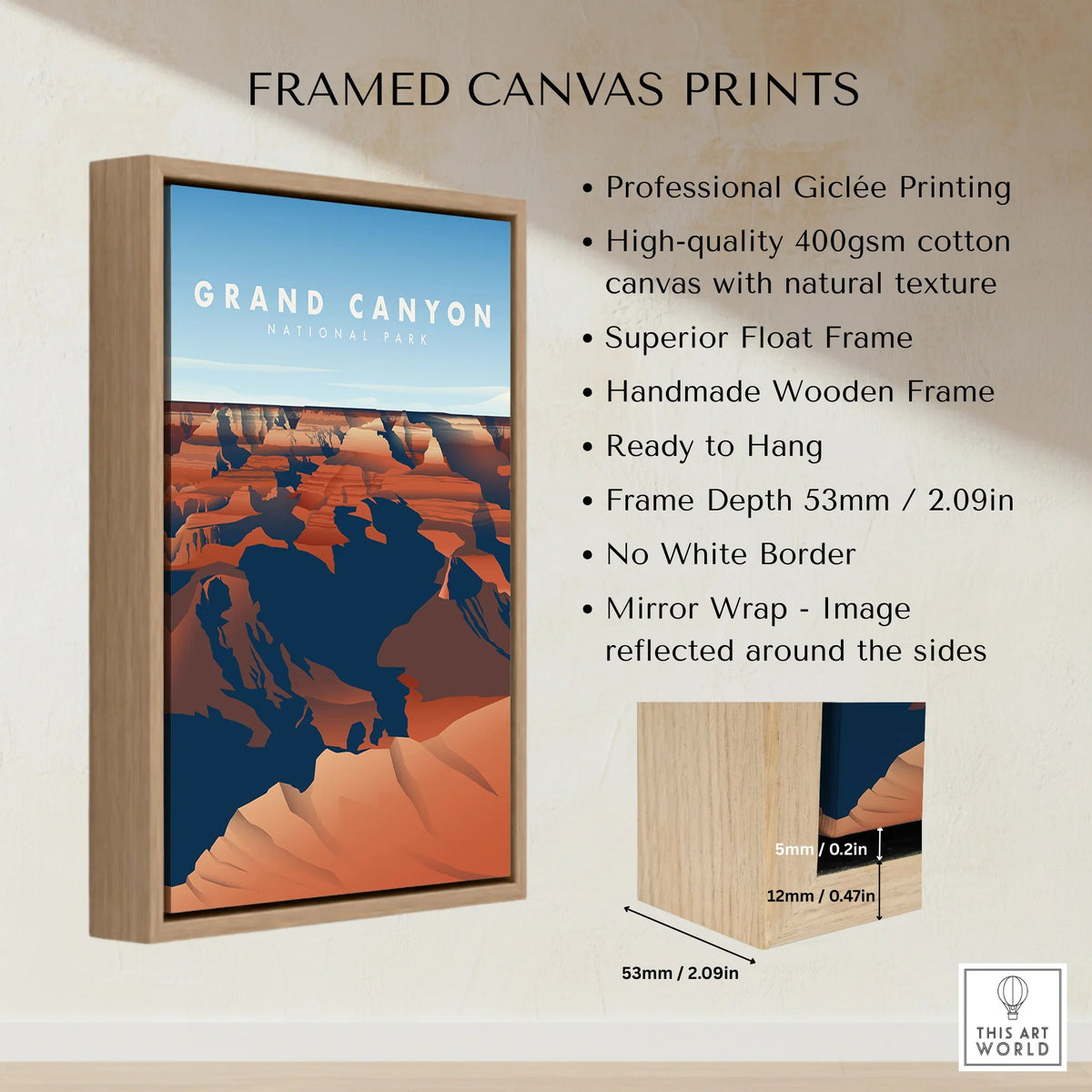 Grand Canyon National Park framed canvas print with wooden float frame and side details