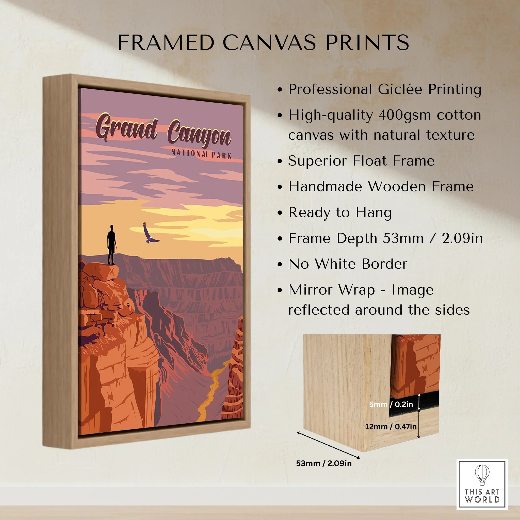 Framed canvas print of Grand Canyon National Park with float frame and handmade wood details