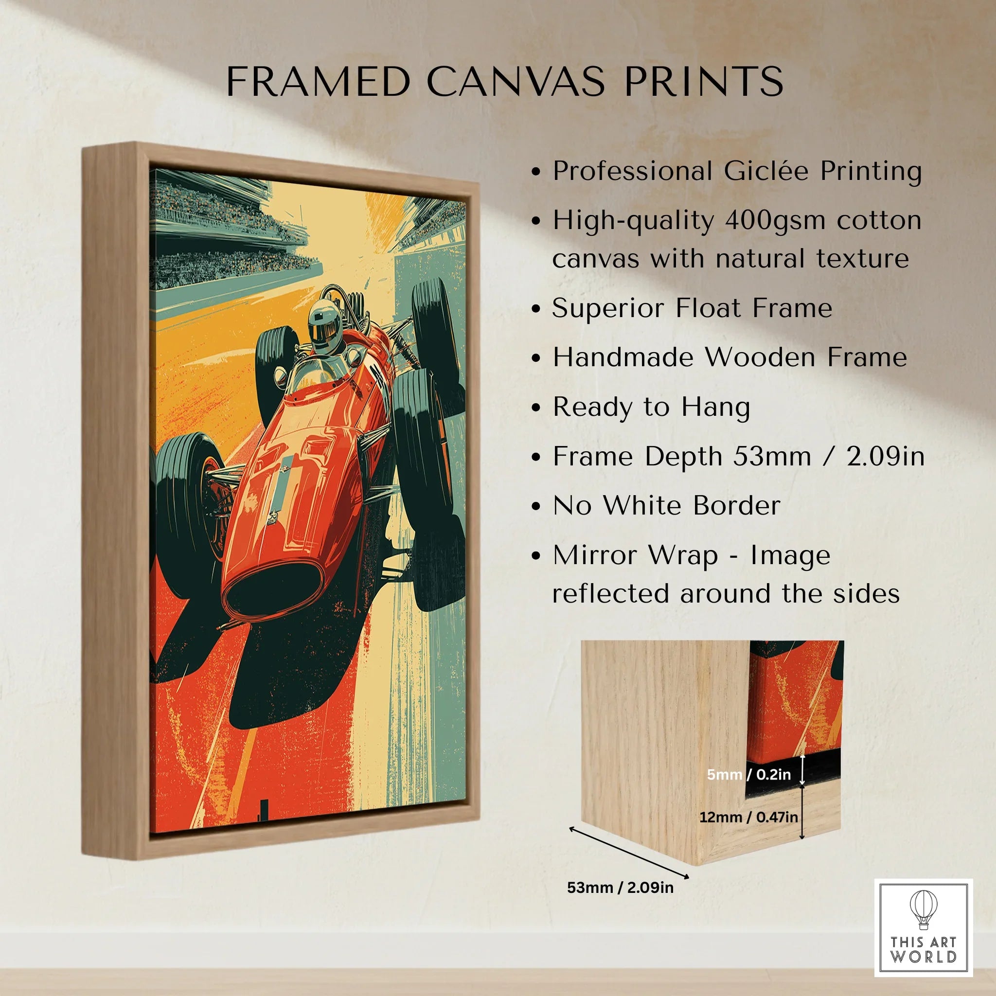 Framed canvas print of vintage red race car, float frame details and wood texture visible