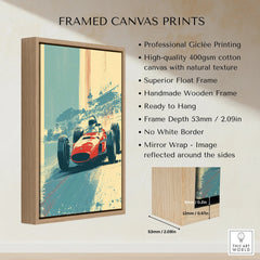 Framed canvas print of vintage race car artwork with wooden float frame and product details.