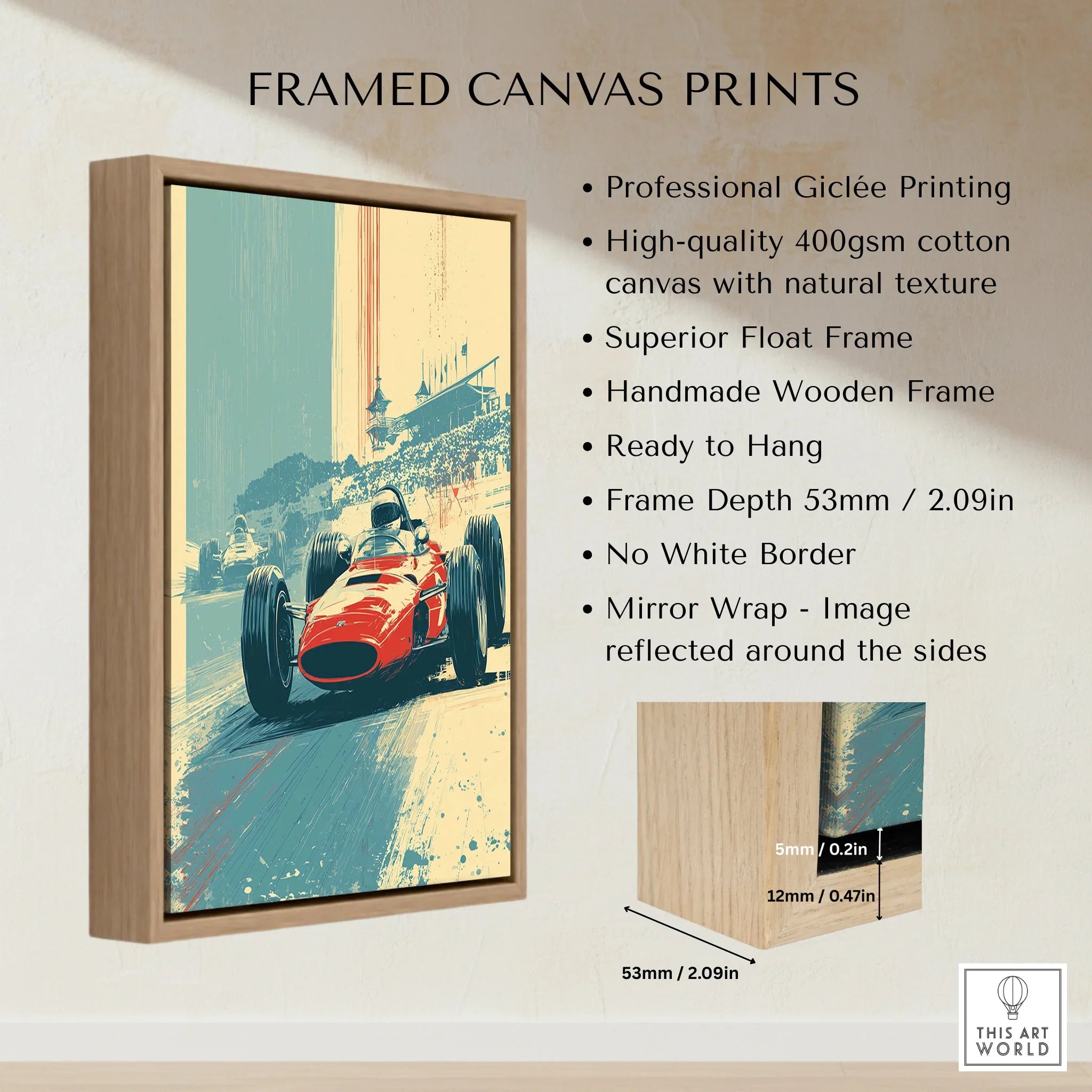 Framed canvas print of vintage race car artwork with wooden float frame and product details.