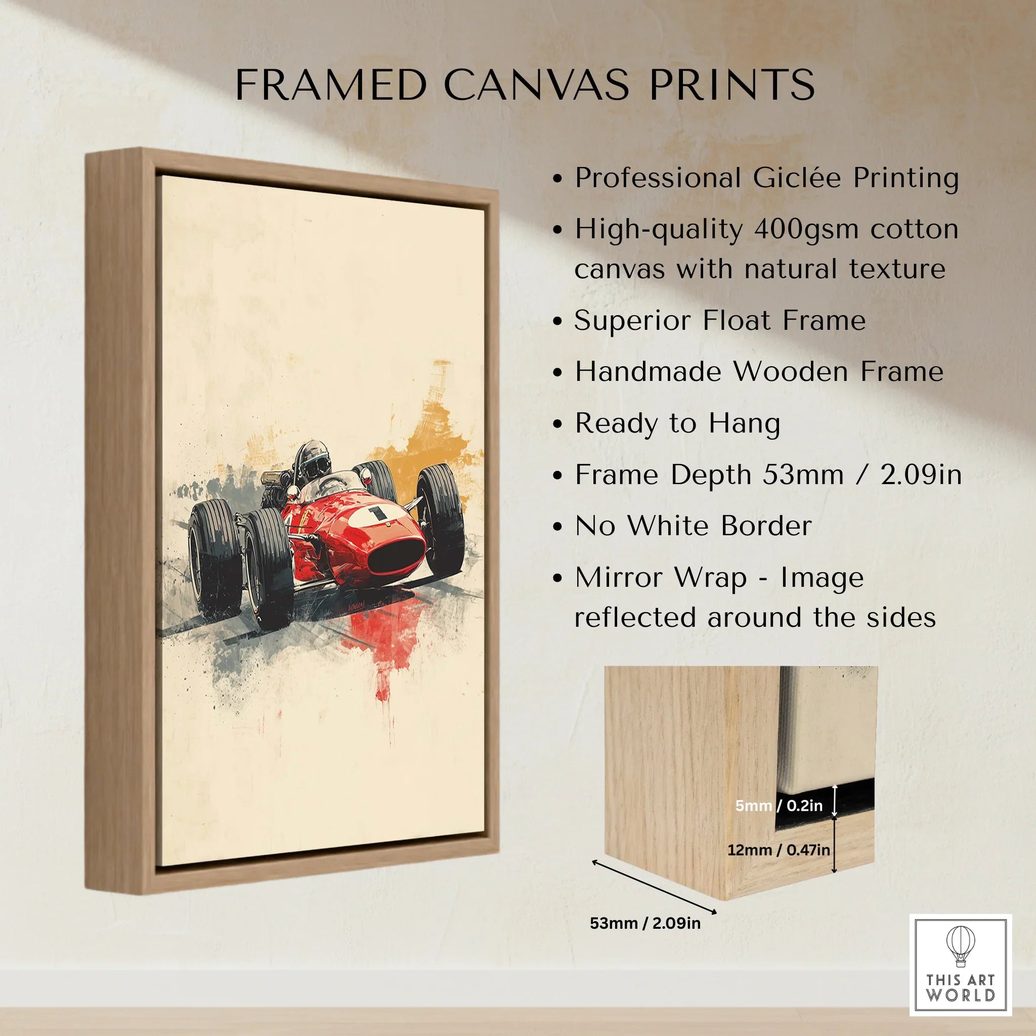 Framed canvas wall art featuring a vintage race car, float frame detail, and print specifications.