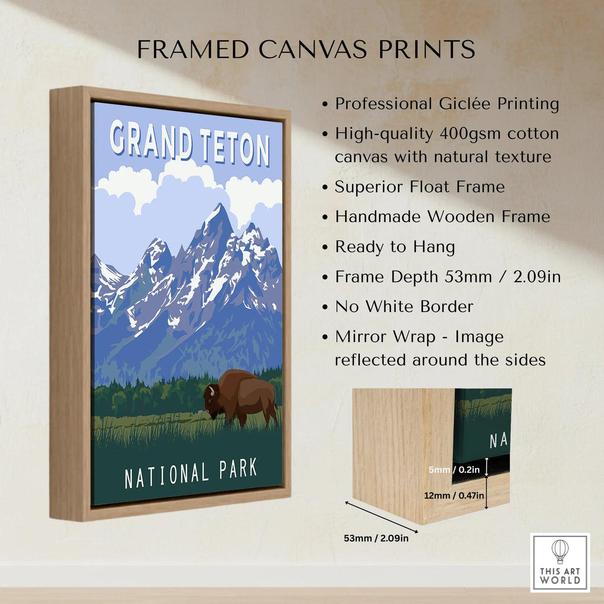 Grand Teton National Park framed canvas print with bison, float wooden frame details
