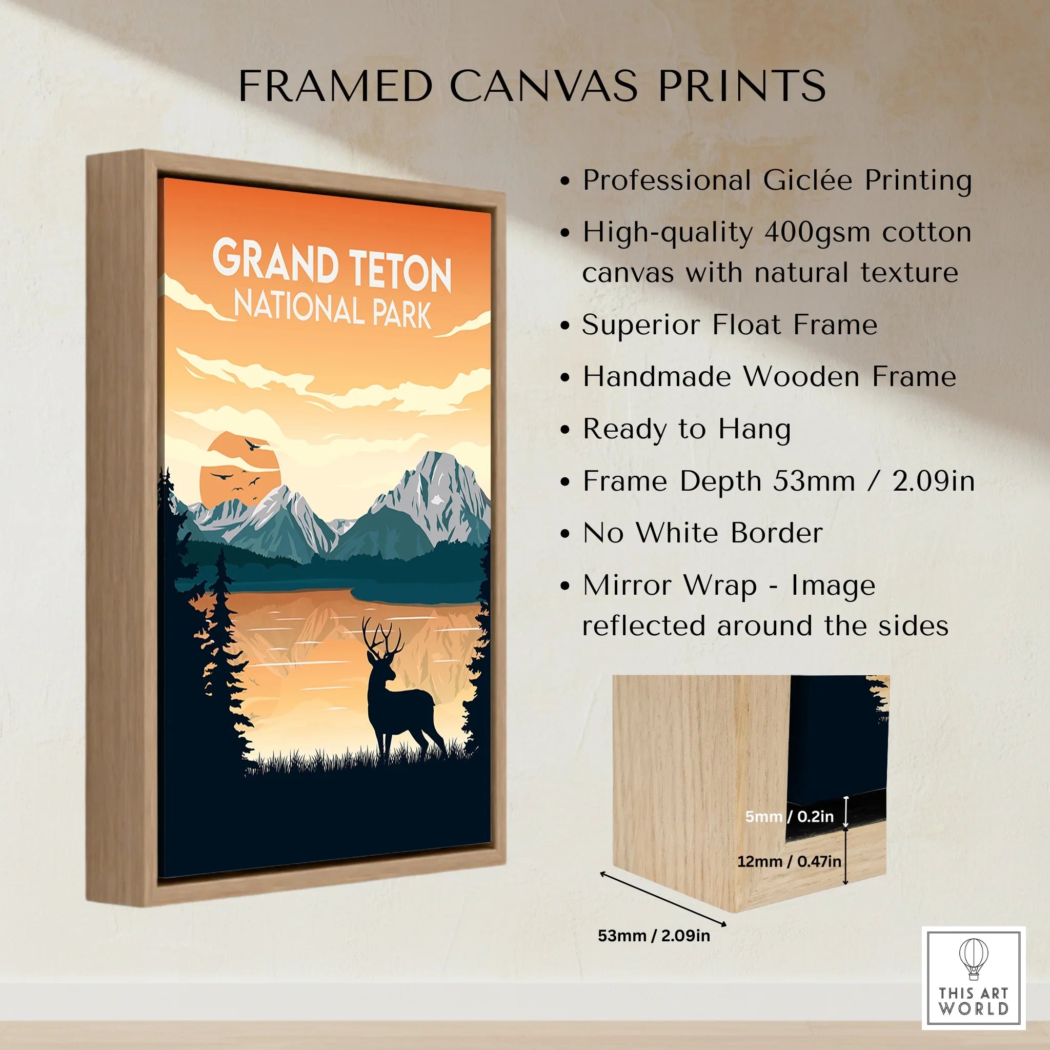 Framed Grand Teton National Park canvas print with float frame, mountain and deer design