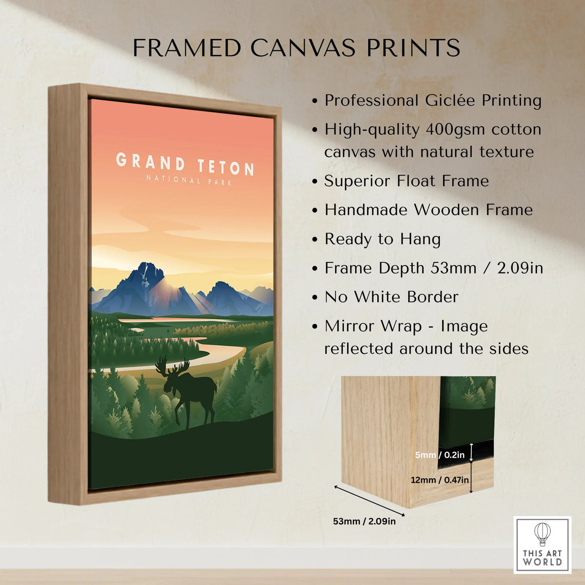 Grand Teton National Park framed canvas print with sunrise mountain landscape and moose art