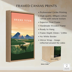 Grand Teton National Park framed canvas print with sunrise mountain landscape and moose art