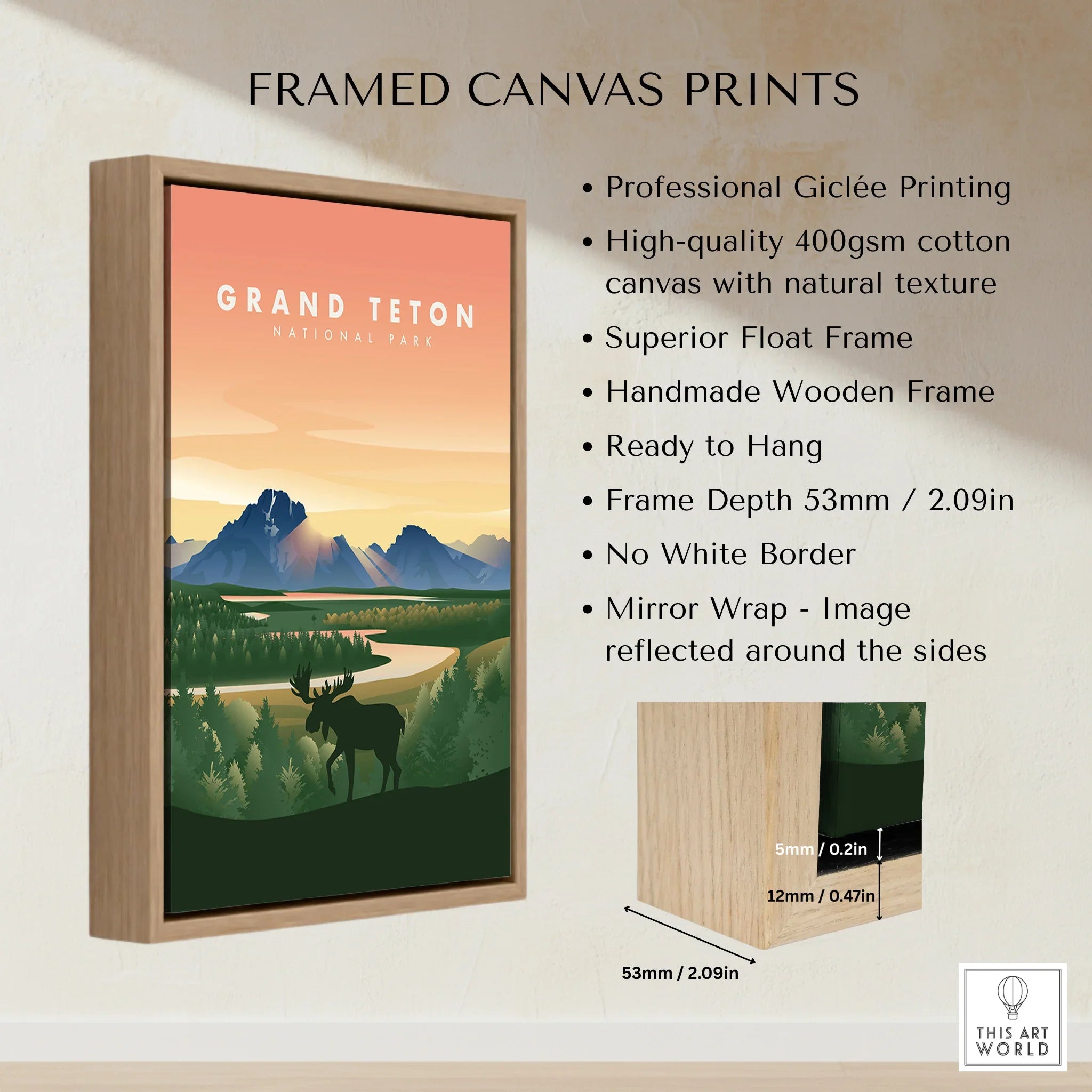Grand Teton National Park framed canvas print with sunrise mountain landscape and moose art