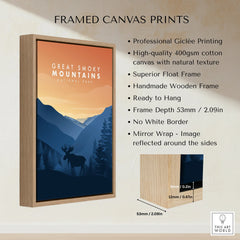 Framed canvas wall art of Great Smoky Mountains National Park with sunset, silhouette moose, and handmade wooden float frame.