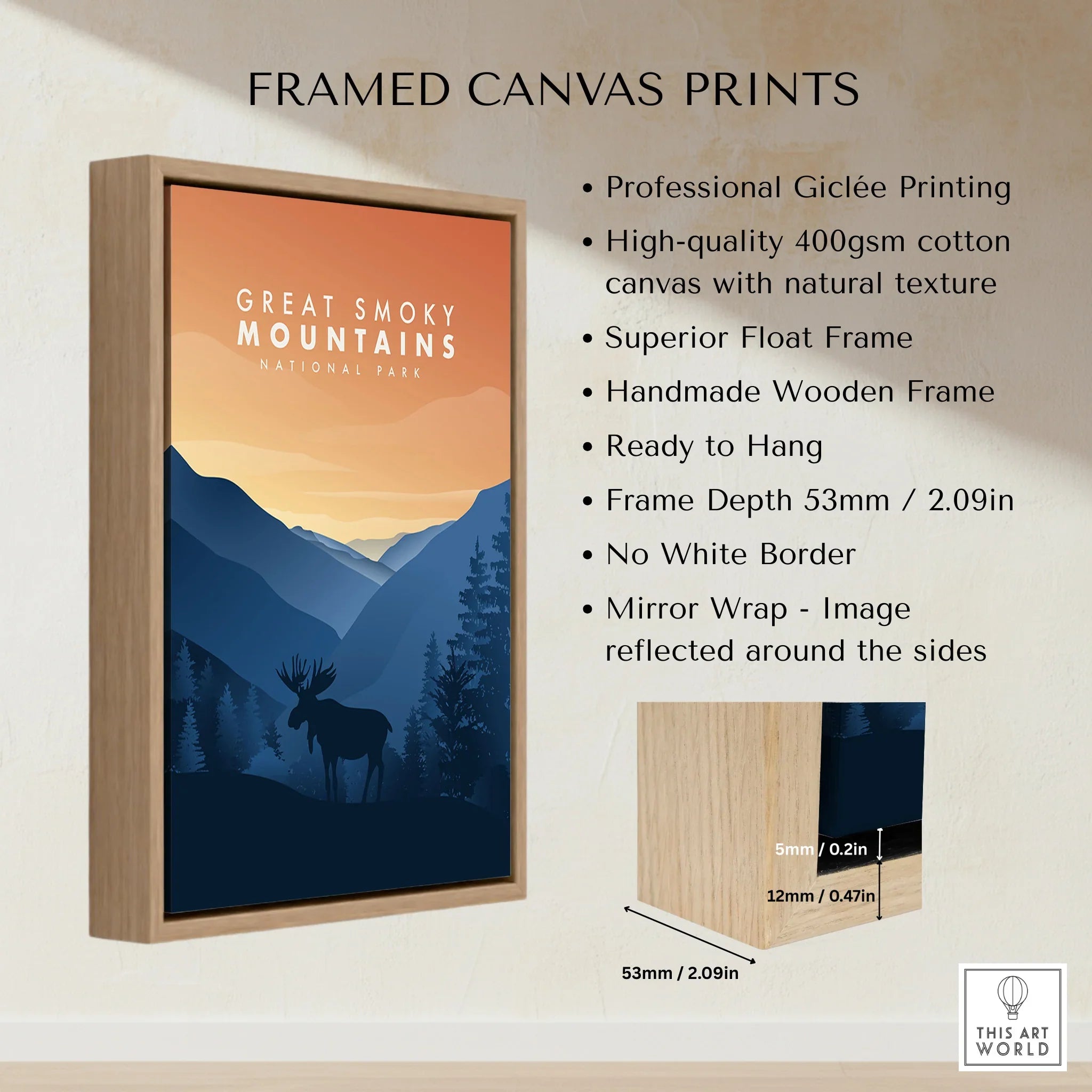 Framed canvas wall art of Great Smoky Mountains National Park with sunset, silhouette moose, and handmade wooden float frame.