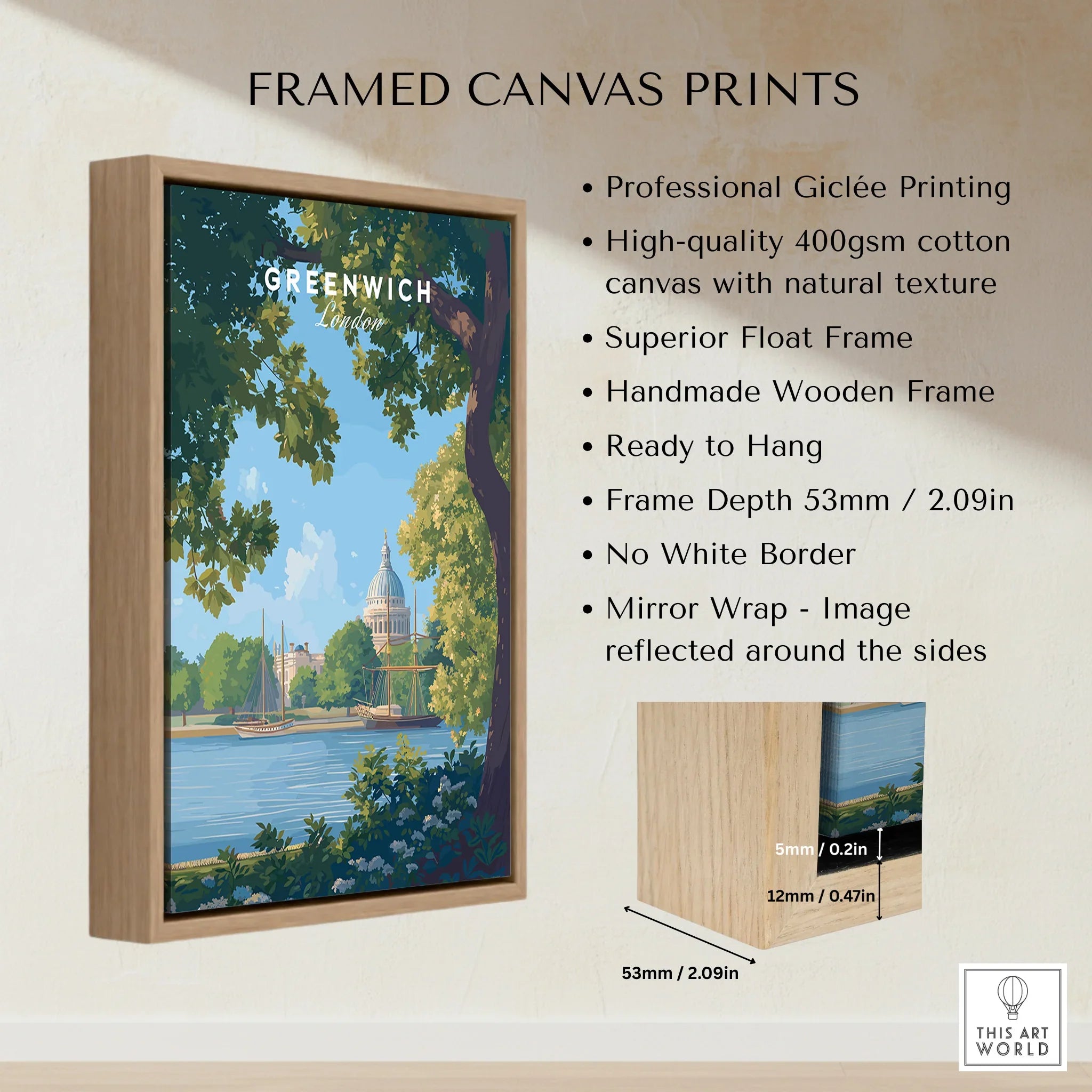 Framed canvas print of Greenwich London with float wooden frame and product details.