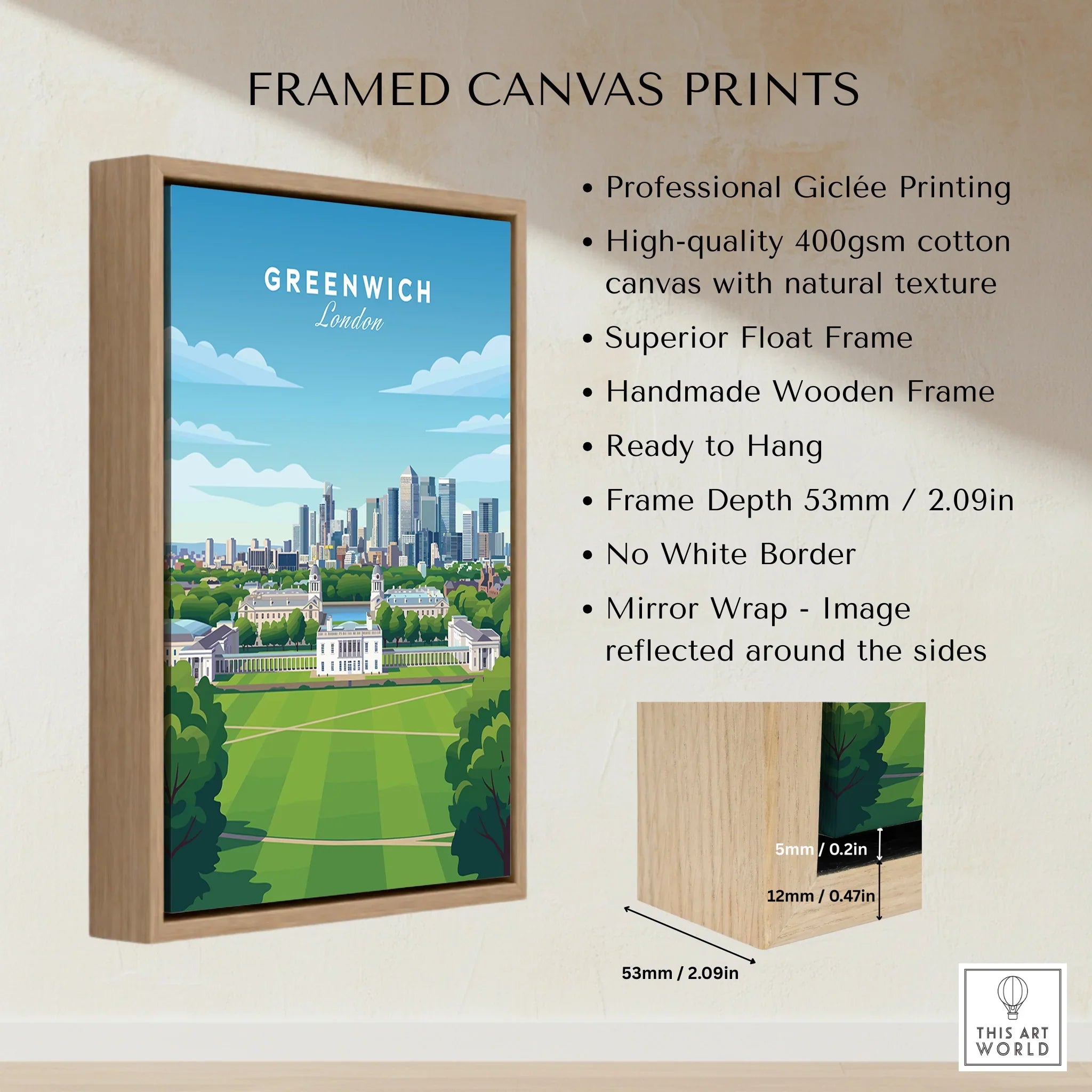 Greenwich London cityscape framed canvas print with wooden float frame details, wall art decor