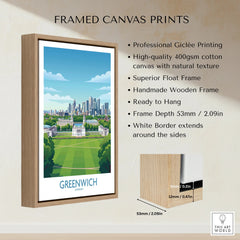 Greenwich London city wall art in a float frame, canvas print with wooden frame details
