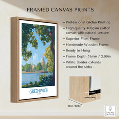 Framed Greenwich London canvas print with float wooden frame and white border, wall art decor.