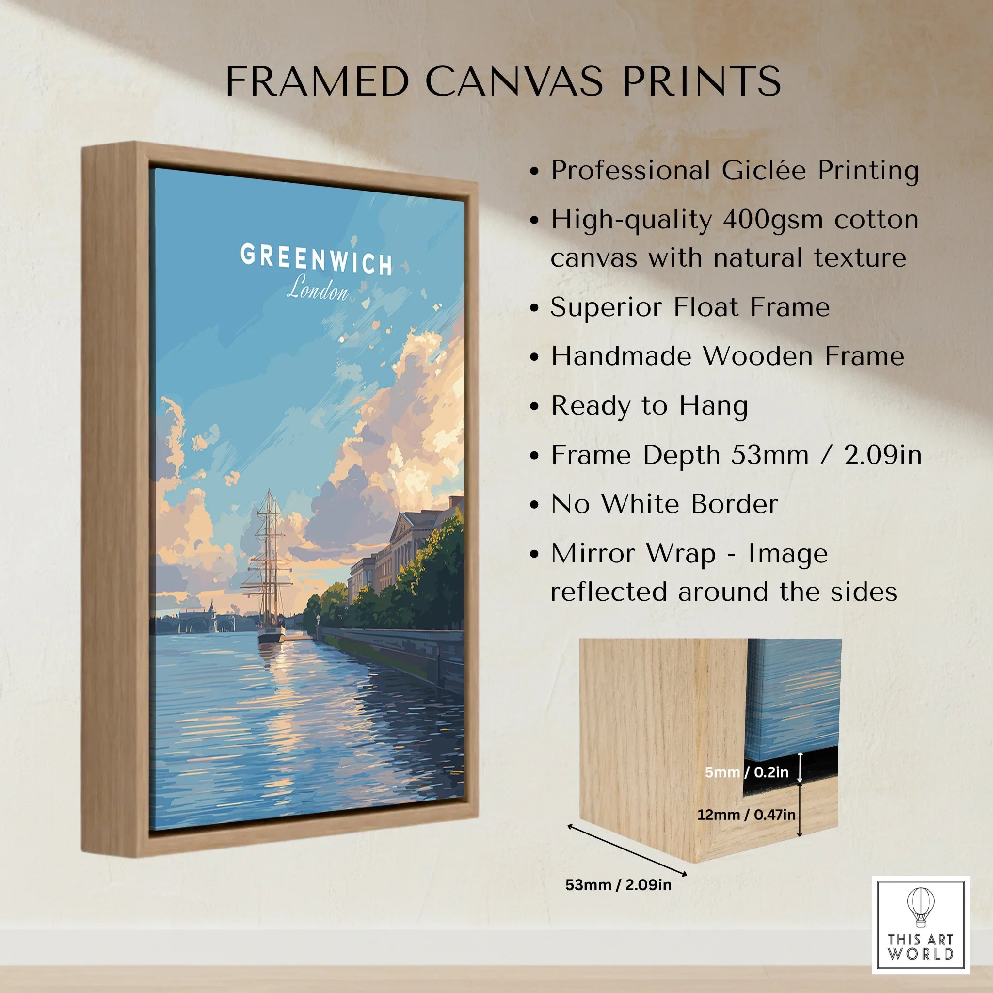 Framed canvas print of Greenwich London with float frame and wooden details, wall art display